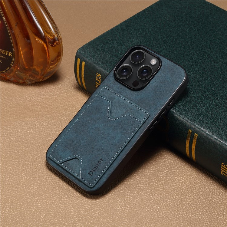 DENIOR For iPhone 16 Pro Case Leather+TPU Card Slot Kickstand Phone Cover - Blue