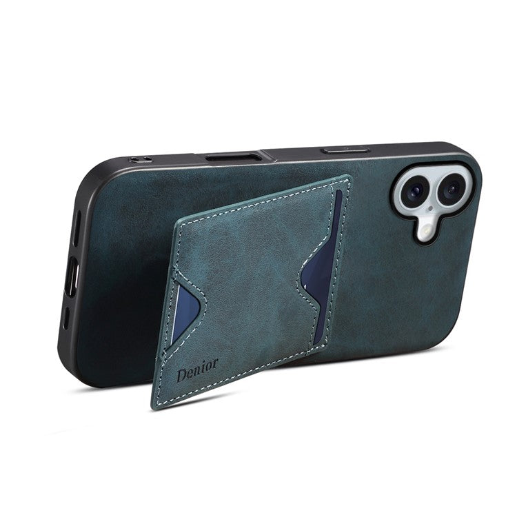 DENIOR For iPhone 16 Case Leather+TPU Card Slot Kickstand Phone Cover - Blue