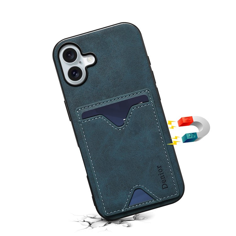 DENIOR For iPhone 16 Case Leather+TPU Card Slot Kickstand Phone Cover - Blue