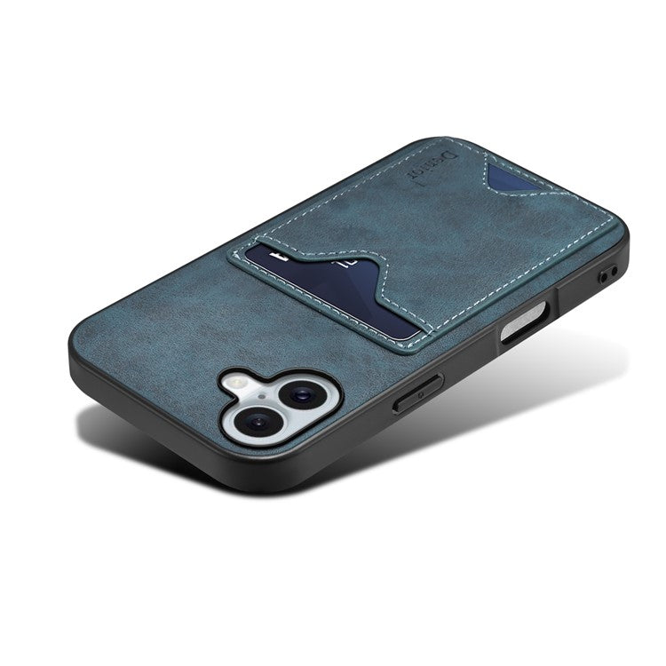 DENIOR For iPhone 16 Case Leather+TPU Card Slot Kickstand Phone Cover - Blue