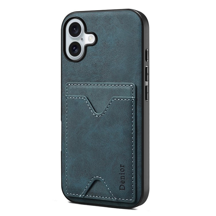 DENIOR For iPhone 16 Case Leather+TPU Card Slot Kickstand Phone Cover - Blue