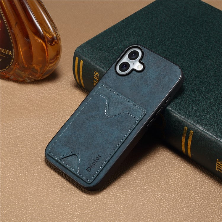 DENIOR For iPhone 16 Case Leather+TPU Card Slot Kickstand Phone Cover - Blue