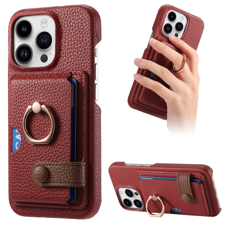 Y2 For iPhone 16 Pro Case Ring Holder Kickstand Card Slot Leather Phone Back Cover - Red
