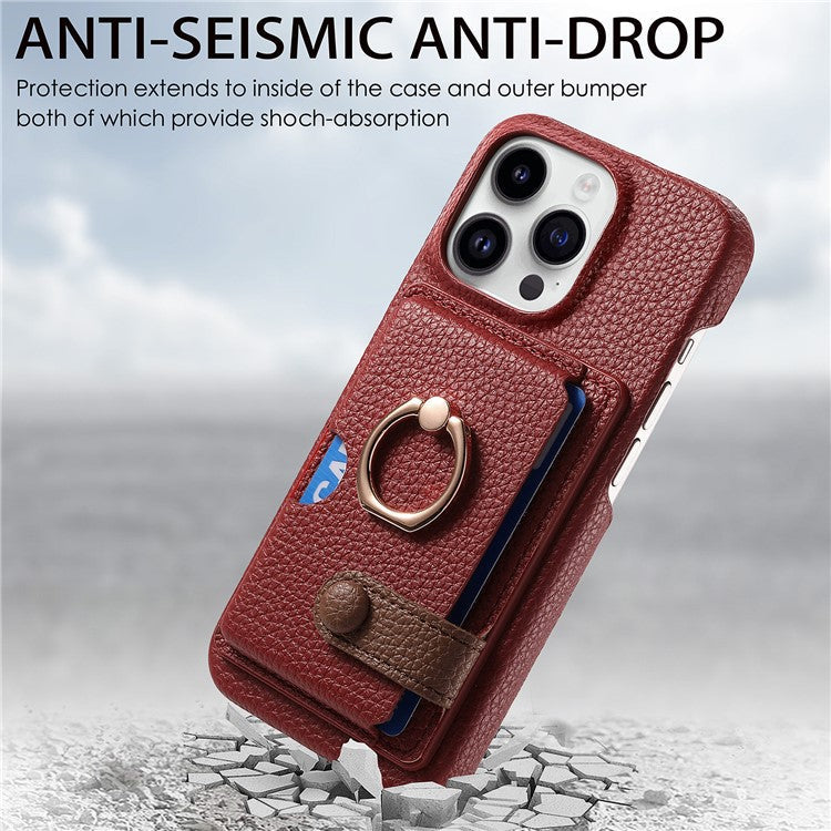 Y2 For iPhone 16 Pro Case Ring Holder Kickstand Card Slot Leather Phone Back Cover - Red