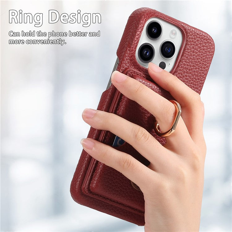 Y2 For iPhone 16 Pro Case Ring Holder Kickstand Card Slot Leather Phone Back Cover - Red