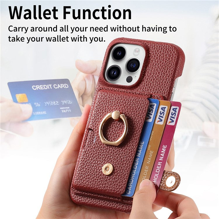 Y2 For iPhone 16 Pro Case Ring Holder Kickstand Card Slot Leather Phone Back Cover - Red