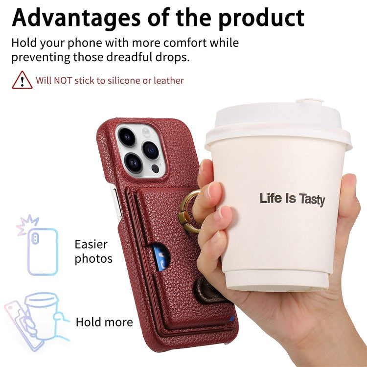 Y2 For iPhone 16 Pro Case Ring Holder Kickstand Card Slot Leather Phone Back Cover - Red