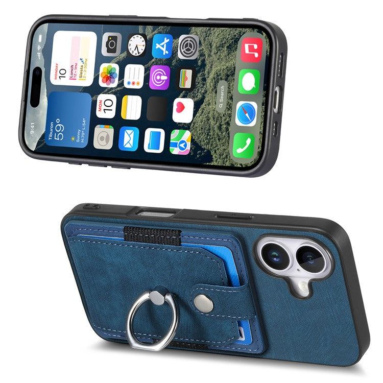 D2 for iPhone 16 Plus Case Kickstand Leather+TPU Non-Slip Protective Cover Card Slots - Blue