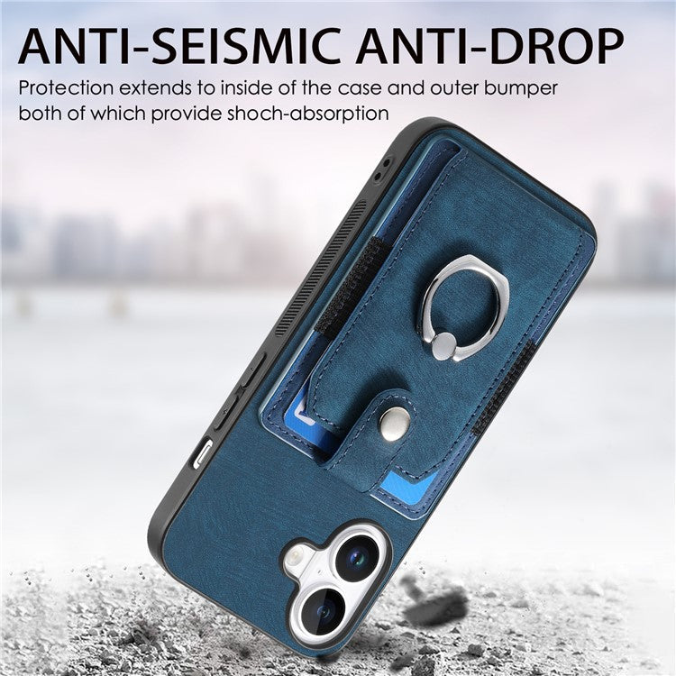 D2 for iPhone 16 Plus Case Kickstand Leather+TPU Non-Slip Protective Cover Card Slots - Blue
