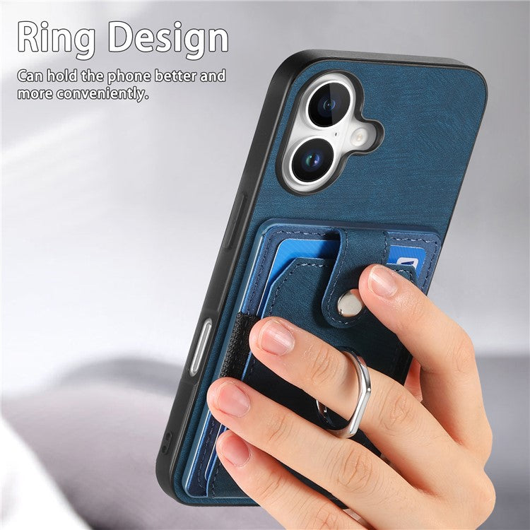 D2 for iPhone 16 Plus Case Kickstand Leather+TPU Non-Slip Protective Cover Card Slots - Blue