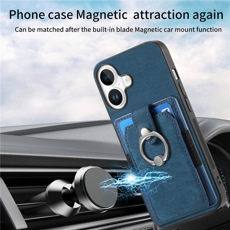 D2 for iPhone 16 Plus Case Kickstand Leather+TPU Non-Slip Protective Cover Card Slots - Blue