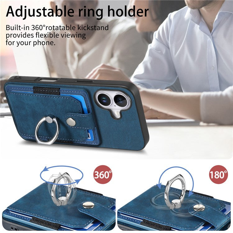 D2 for iPhone 16 Plus Case Kickstand Leather+TPU Non-Slip Protective Cover Card Slots - Blue