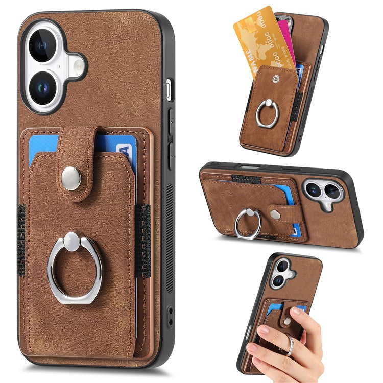 D2 for iPhone 16 Plus Case Kickstand Leather+TPU Non-Slip Protective Cover Card Slots - Brown