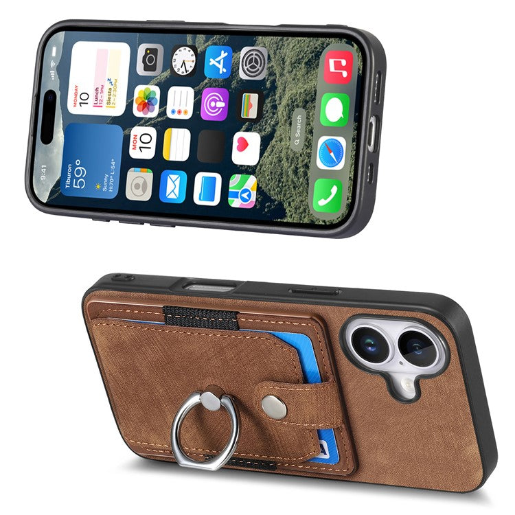 D2 for iPhone 16 Plus Case Kickstand Leather+TPU Non-Slip Protective Cover Card Slots - Brown