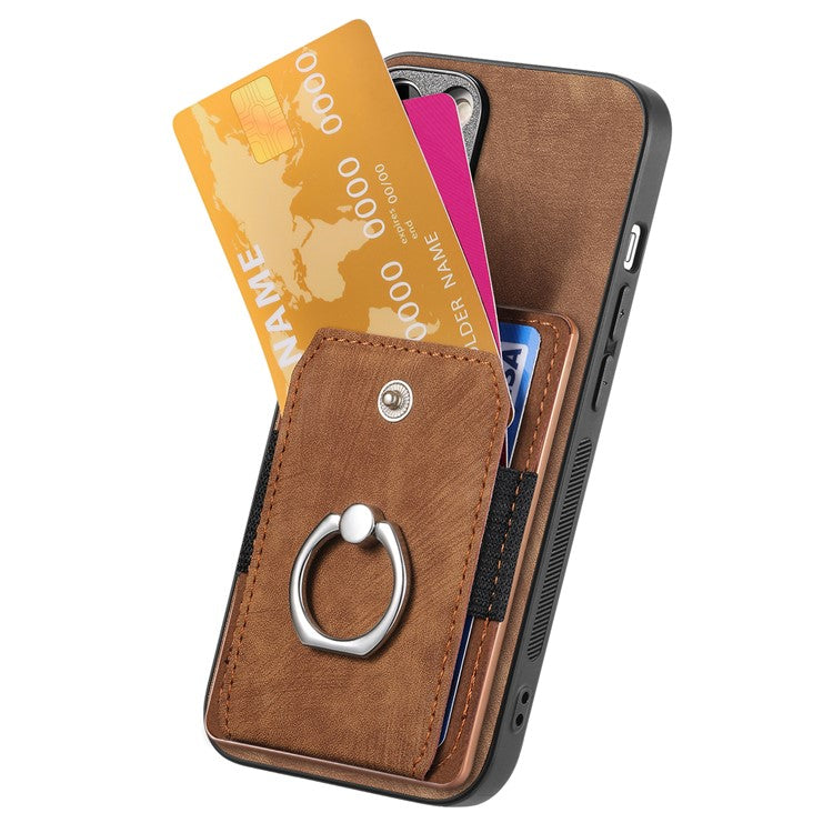 D2 for iPhone 16 Plus Case Kickstand Leather+TPU Non-Slip Protective Cover Card Slots - Brown