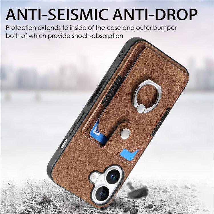 D2 for iPhone 16 Plus Case Kickstand Leather+TPU Non-Slip Protective Cover Card Slots - Brown