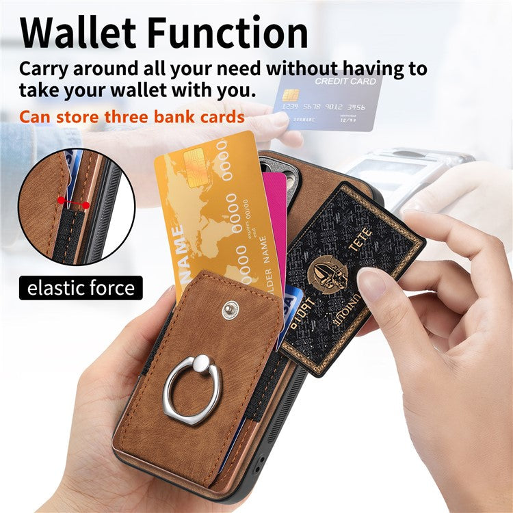 D2 for iPhone 16 Plus Case Kickstand Leather+TPU Non-Slip Protective Cover Card Slots - Brown