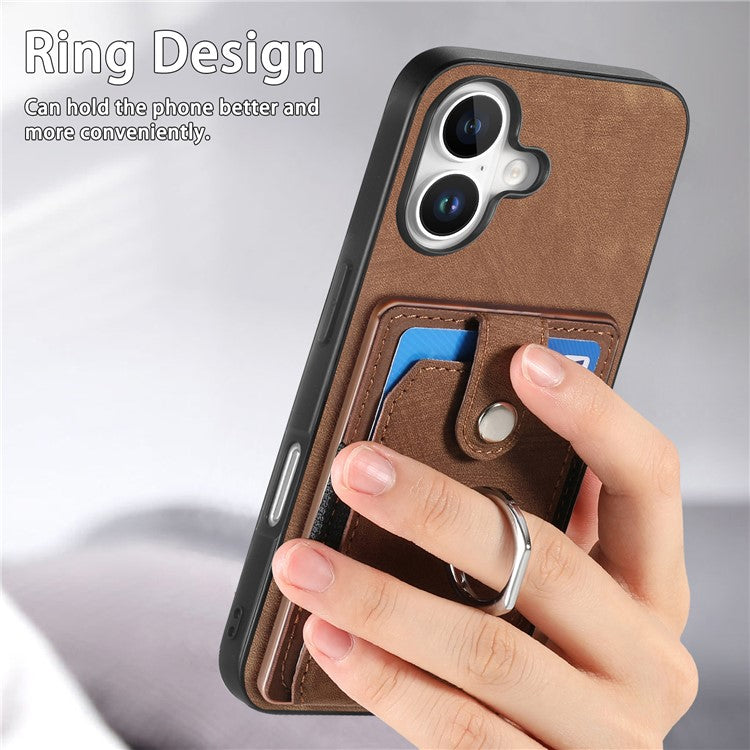 D2 for iPhone 16 Plus Case Kickstand Leather+TPU Non-Slip Protective Cover Card Slots - Brown