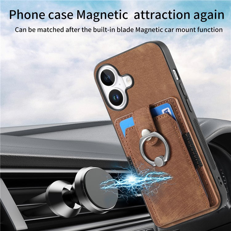 D2 for iPhone 16 Plus Case Kickstand Leather+TPU Non-Slip Protective Cover Card Slots - Brown