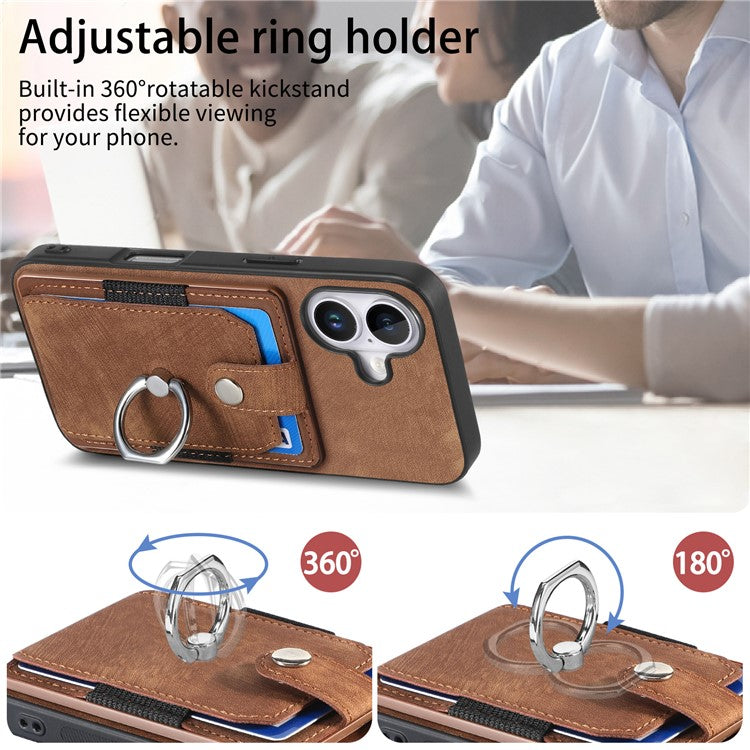 D2 for iPhone 16 Plus Case Kickstand Leather+TPU Non-Slip Protective Cover Card Slots - Brown