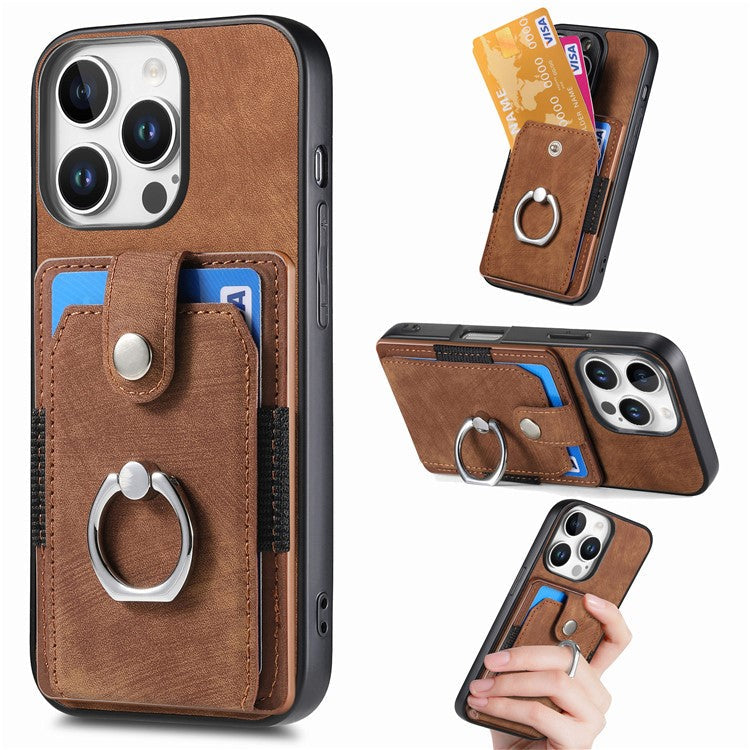 D2 for iPhone 16 Pro Case Kickstand Leather+TPU Non-Slip Protective Cover Card Slots - Brown