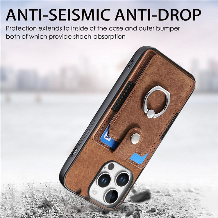 D2 for iPhone 16 Pro Case Kickstand Leather+TPU Non-Slip Protective Cover Card Slots - Brown