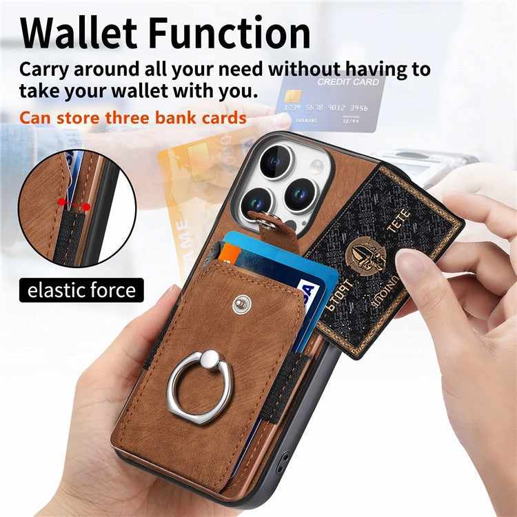 D2 for iPhone 16 Pro Case Kickstand Leather+TPU Non-Slip Protective Cover Card Slots - Brown