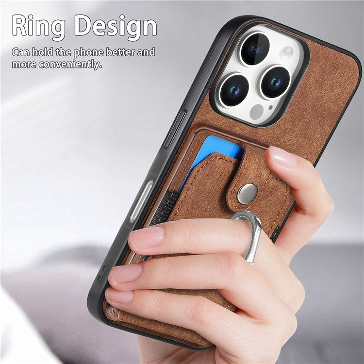 D2 for iPhone 16 Pro Case Kickstand Leather+TPU Non-Slip Protective Cover Card Slots - Brown