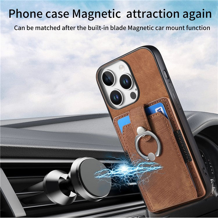 D2 for iPhone 16 Pro Case Kickstand Leather+TPU Non-Slip Protective Cover Card Slots - Brown