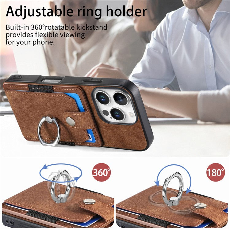 D2 for iPhone 16 Pro Case Kickstand Leather+TPU Non-Slip Protective Cover Card Slots - Brown