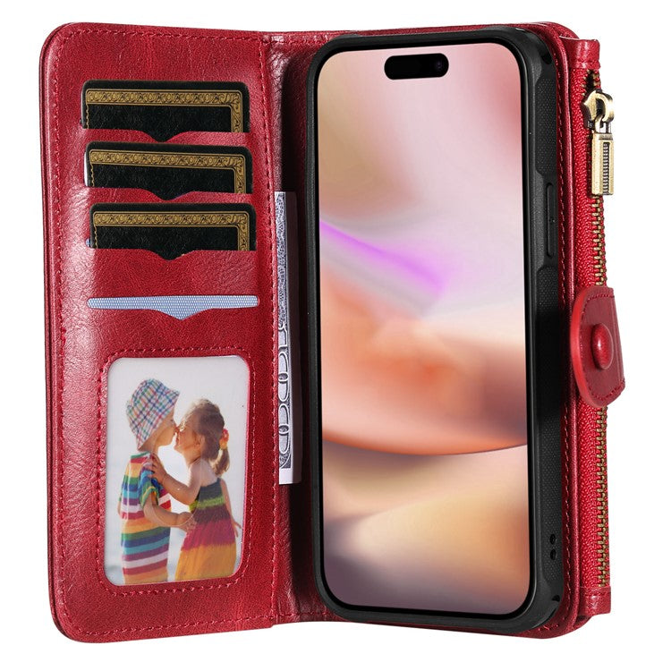 KT Multi-Functional Series-3 For iPhone 16 Plus Phone Case PU Leather Zipper Wallet Detachable Cover - Red