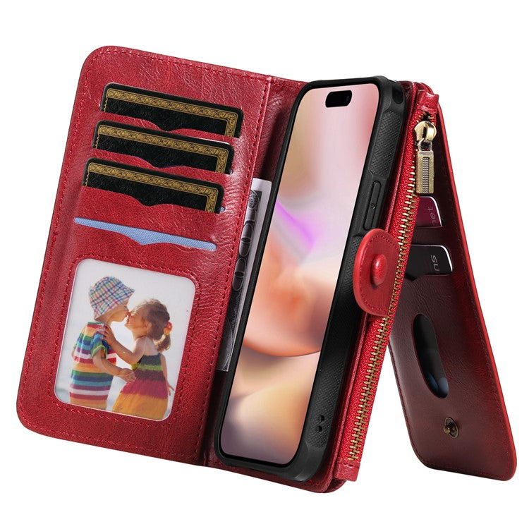 KT Multi-Functional Series-3 For iPhone 16 Plus Phone Case PU Leather Zipper Wallet Detachable Cover - Red