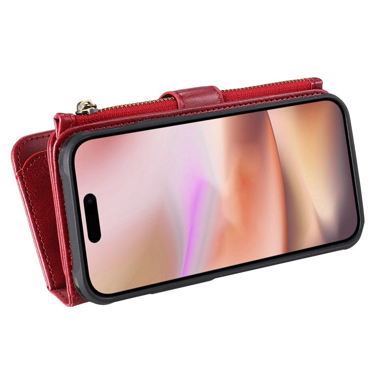 KT Multi-Functional Series-3 For iPhone 16 Plus Phone Case PU Leather Zipper Wallet Detachable Cover - Red