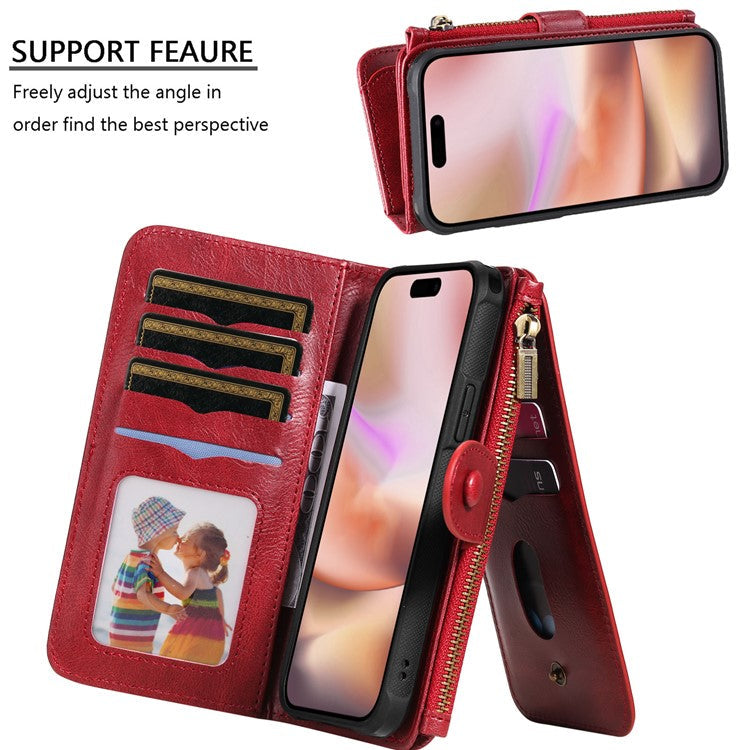 KT Multi-Functional Series-3 For iPhone 16 Plus Phone Case PU Leather Zipper Wallet Detachable Cover - Red