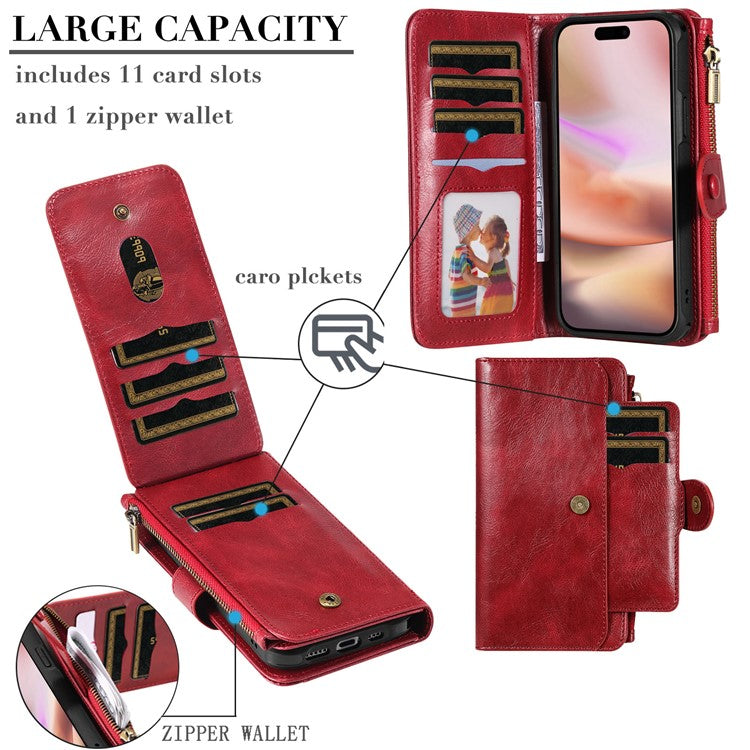 KT Multi-Functional Series-3 For iPhone 16 Plus Phone Case PU Leather Zipper Wallet Detachable Cover - Red