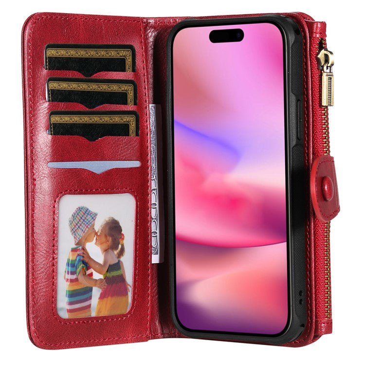 KT Multi-Functional Series-3 For iPhone 16 Phone Case PU Leather Zipper Wallet Detachable Cover - Red