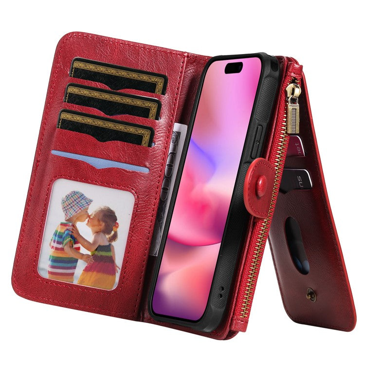 KT Multi-Functional Series-3 For iPhone 16 Phone Case PU Leather Zipper Wallet Detachable Cover - Red