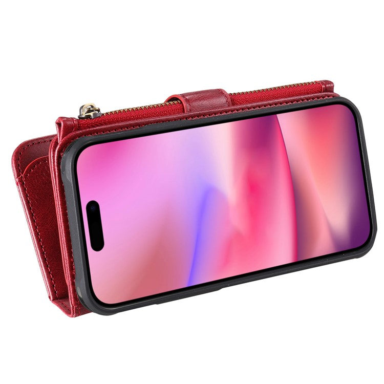 KT Multi-Functional Series-3 For iPhone 16 Phone Case PU Leather Zipper Wallet Detachable Cover - Red