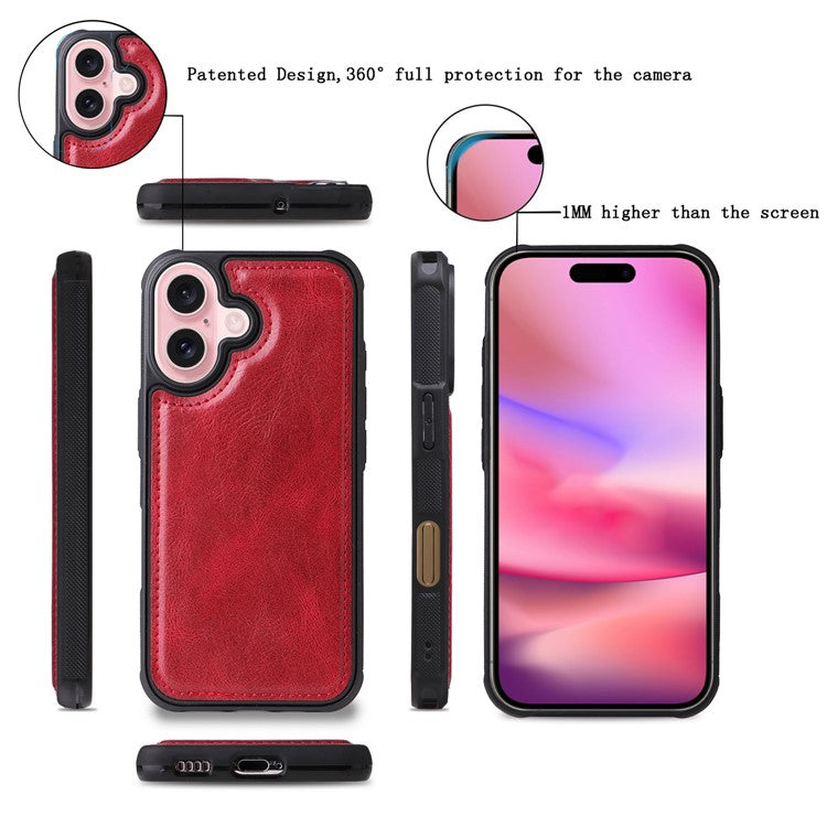 KT Multi-Functional Series-3 For iPhone 16 Phone Case PU Leather Zipper Wallet Detachable Cover - Red