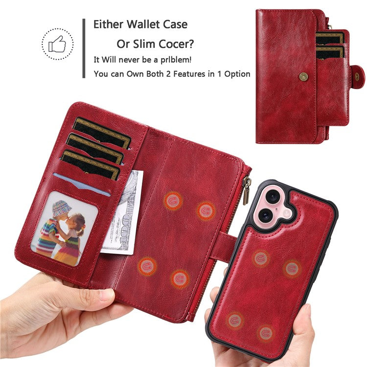 KT Multi-Functional Series-3 For iPhone 16 Phone Case PU Leather Zipper Wallet Detachable Cover - Red