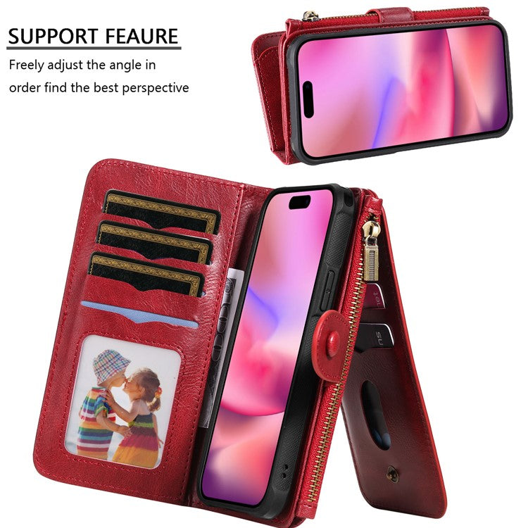 KT Multi-Functional Series-3 For iPhone 16 Phone Case PU Leather Zipper Wallet Detachable Cover - Red