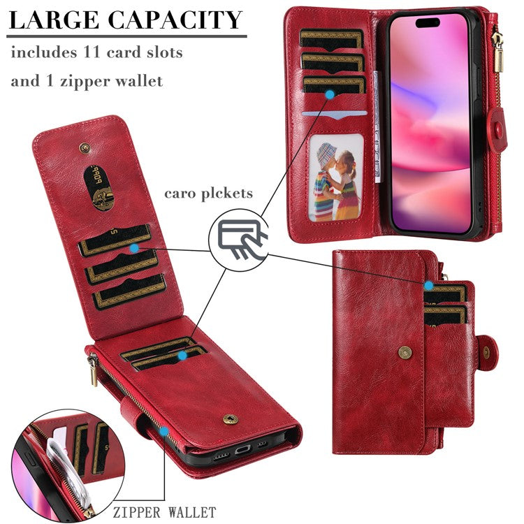 KT Multi-Functional Series-3 For iPhone 16 Phone Case PU Leather Zipper Wallet Detachable Cover - Red