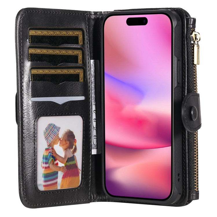 KT Multi-Functional Series-3 For iPhone 16 Phone Case PU Leather Zipper Wallet Detachable Cover - Black