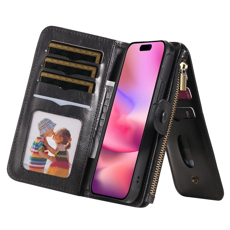 KT Multi-Functional Series-3 For iPhone 16 Phone Case PU Leather Zipper Wallet Detachable Cover - Black