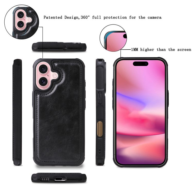 KT Multi-Functional Series-3 For iPhone 16 Phone Case PU Leather Zipper Wallet Detachable Cover - Black