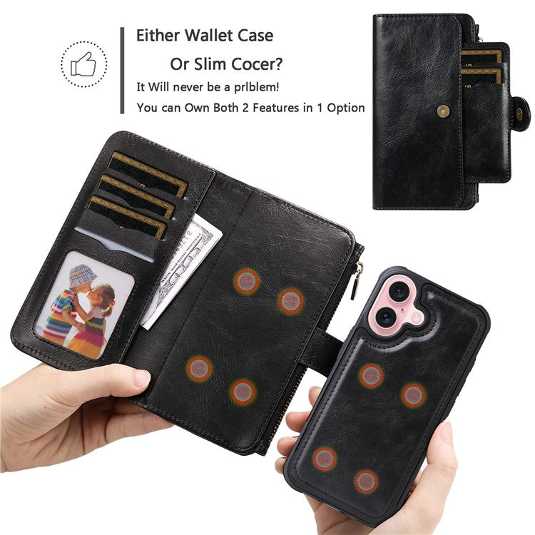 KT Multi-Functional Series-3 For iPhone 16 Phone Case PU Leather Zipper Wallet Detachable Cover - Black