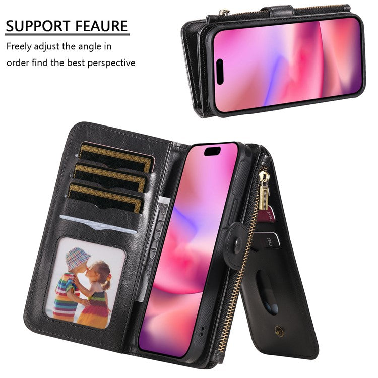 KT Multi-Functional Series-3 For iPhone 16 Phone Case PU Leather Zipper Wallet Detachable Cover - Black