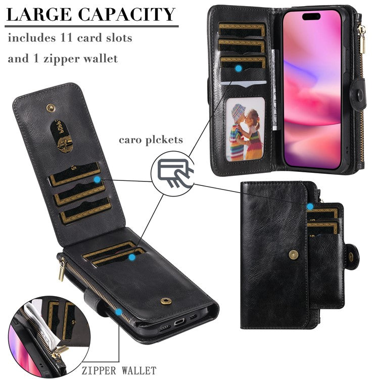 KT Multi-Functional Series-3 For iPhone 16 Phone Case PU Leather Zipper Wallet Detachable Cover - Black