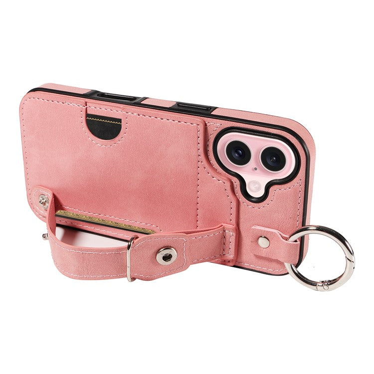 008 For iPhone 16 Case Wristband Kickstand PU Leather TPU Phone Cover - Pink