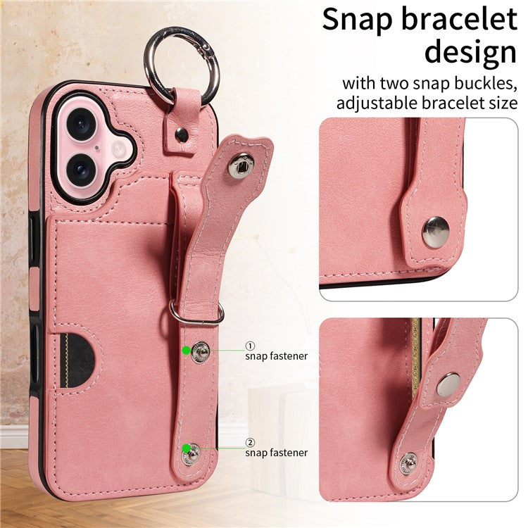 008 For iPhone 16 Case Wristband Kickstand PU Leather TPU Phone Cover - Pink